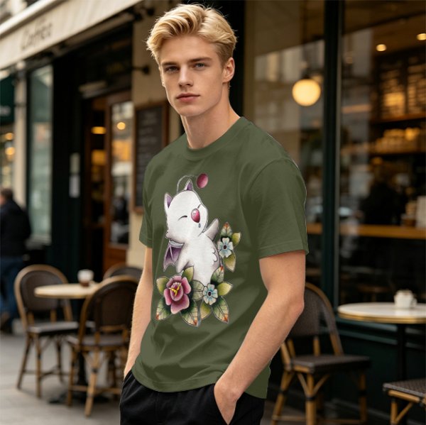 Olive T-Shirt Featuring Cute Fantasy Creature and Floral Art