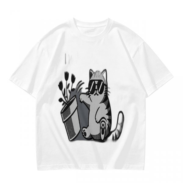 Olive T-Shirt With Cool Cat Wearing Sunglasses Knocking Over Potted Plant