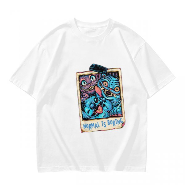 Olive t-shirt with monster polaroid print that says Normal Is Boring