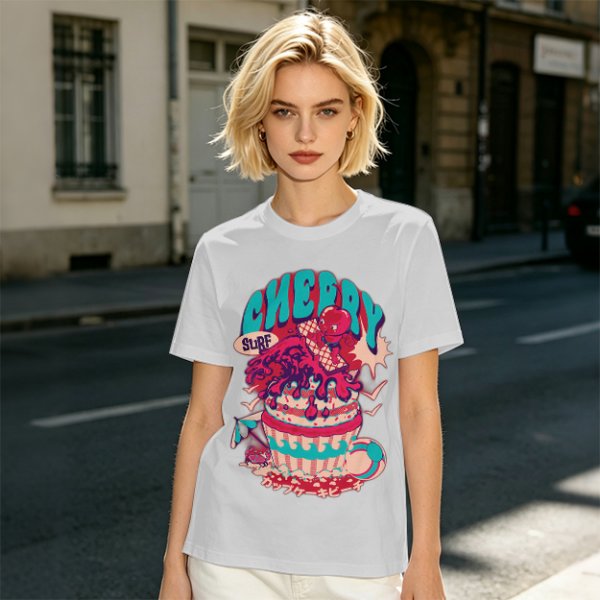 Olive T-shirt with Cherry Surf Cupcake Beach Graphic Print
