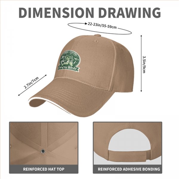 Black baseball cap with cosmic coffee alien girl graphic