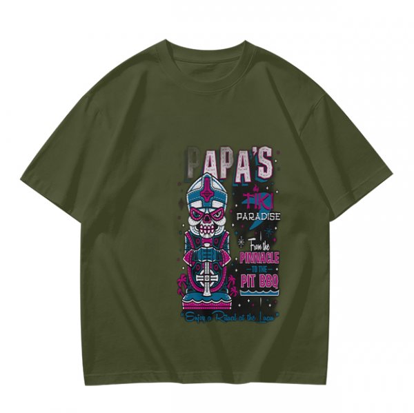 Olive T-Shirt with Papa's Tiki Paradise Skull Graphic