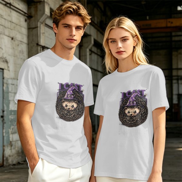 Olive green t-shirt with a hedgehog wizard graphic and 'I CAST' text