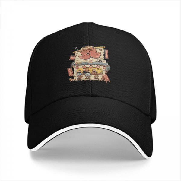 Black Baseball Cap With Cute Octopus Ramen Shop Graphic