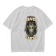 Olive green graphic t-shirt with 'cats were never from earth' alien and cat print