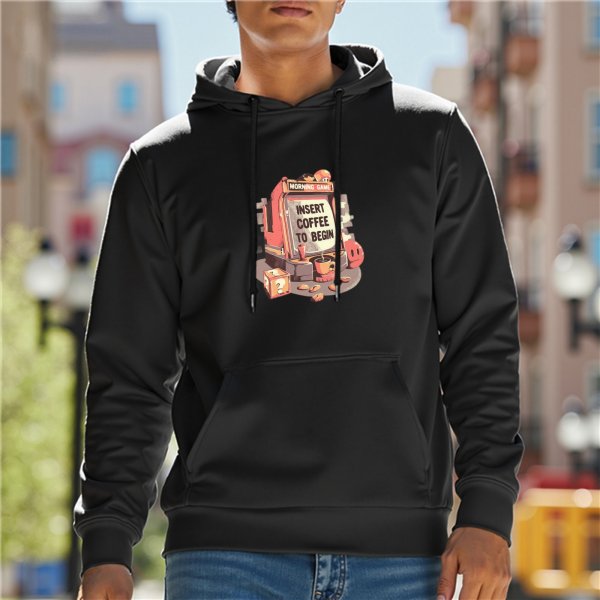 Black Hoodie with Insert Coffee To Begin Arcade Machine Print
