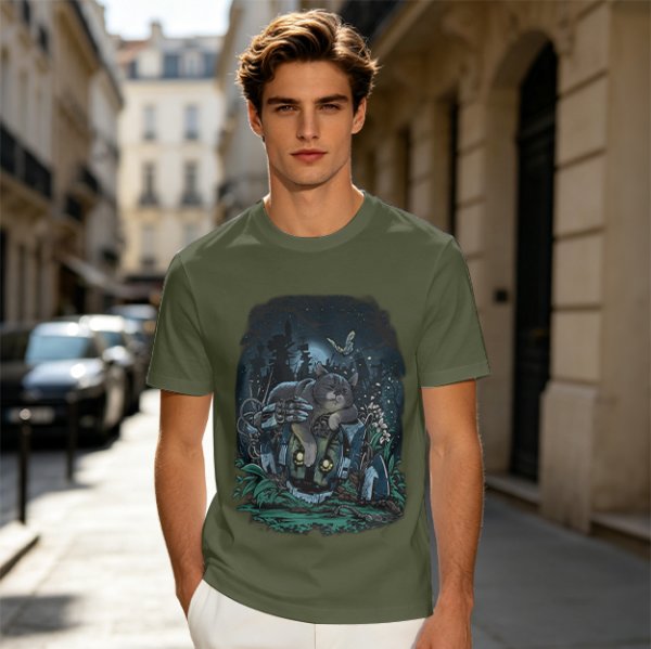Olive Green T-Shirt With Night Graveyard Cat Illustration