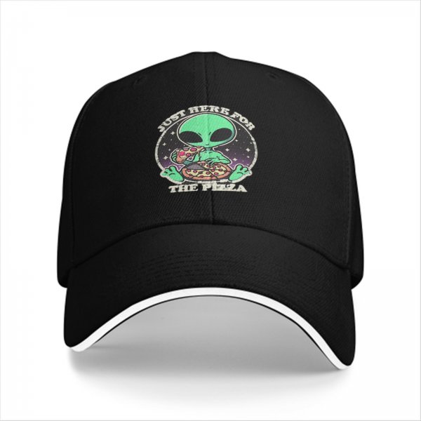 Black baseball cap with alien eating pizza 'Just Here For The Pizza' print