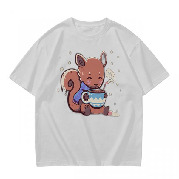 Olive T-Shirt With Cute Squirrel Holding Hot Drink Winter Art