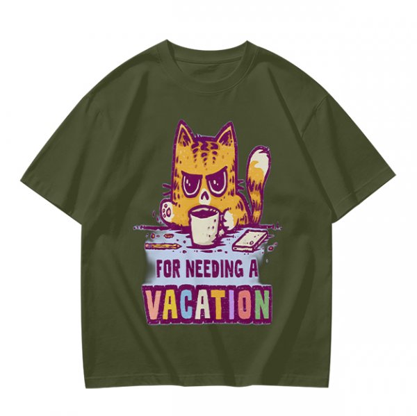 Olive t-shirt with a grumpy cat needing a vacation print