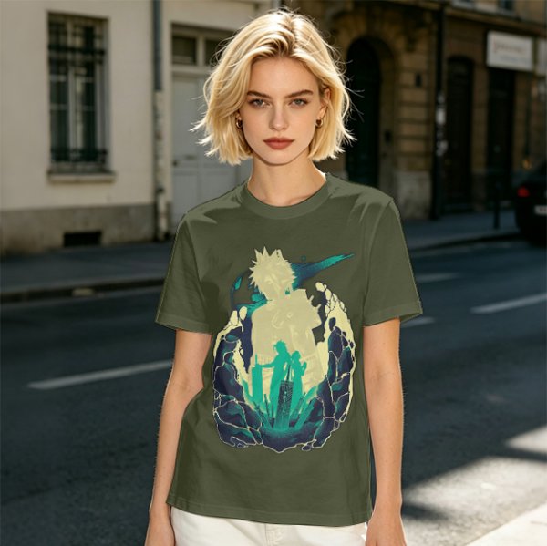 Anime Silhouette Graphic Olive Green Short Sleeve T-Shirt