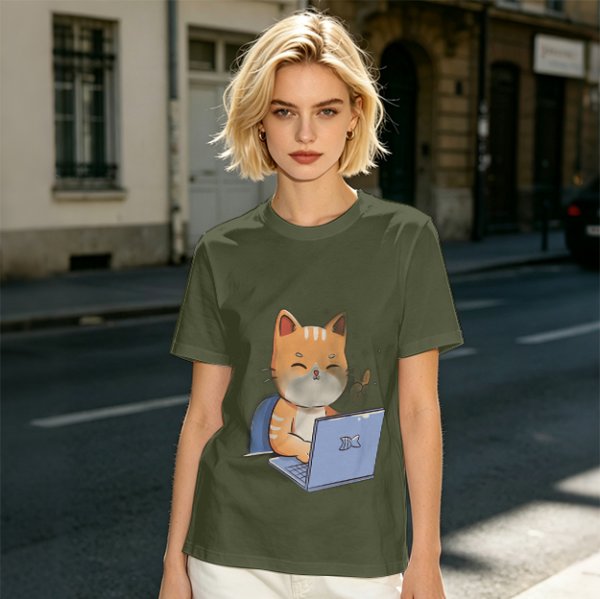 Olive T-Shirt With Cute Orange Cat Working On Laptop Print