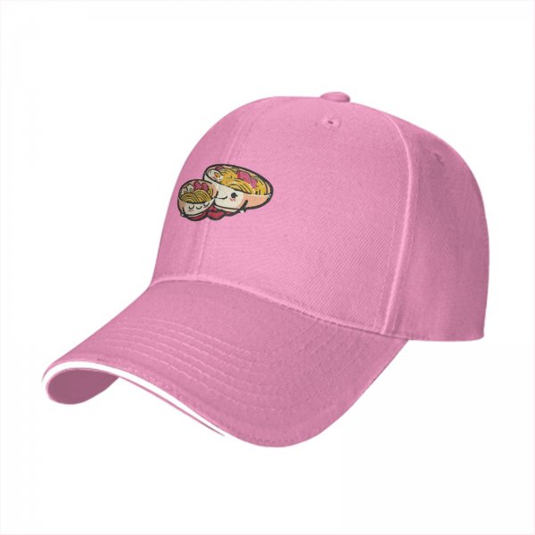 Black baseball cap with cute kawaii ramen bowls graphic