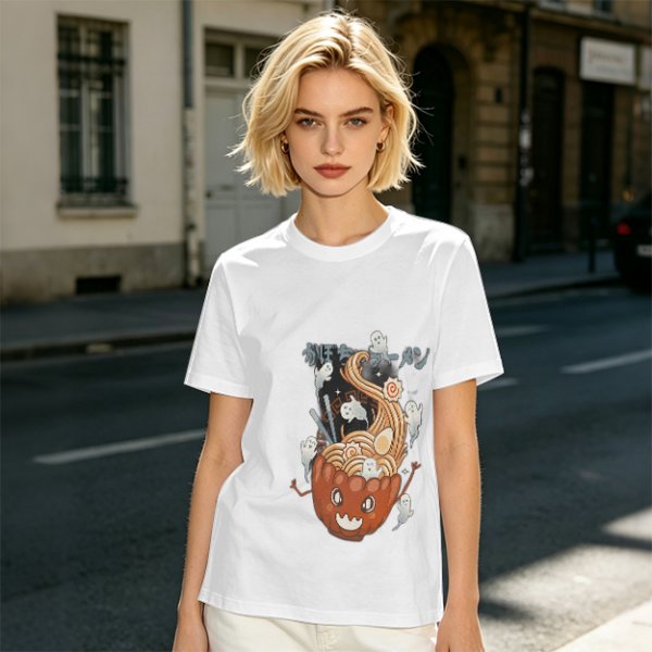 Olive green t-shirt with pumpkin ramen and ghost graphic print