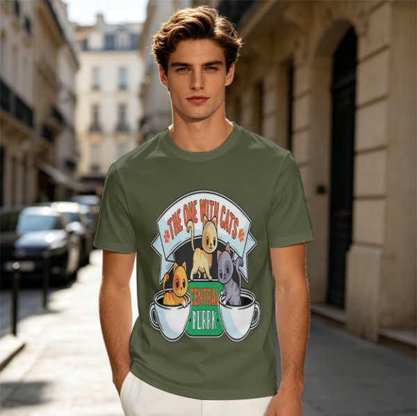 Olive green t-shirt with cat coffee cup graphic and playful text design