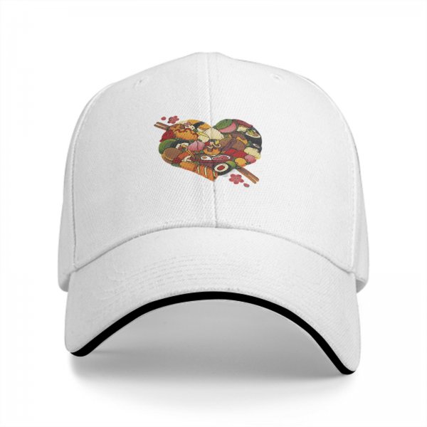Black baseball cap with heart shaped food print design