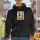 Black hoodie with whimsical stamp-style fantasy artwork print