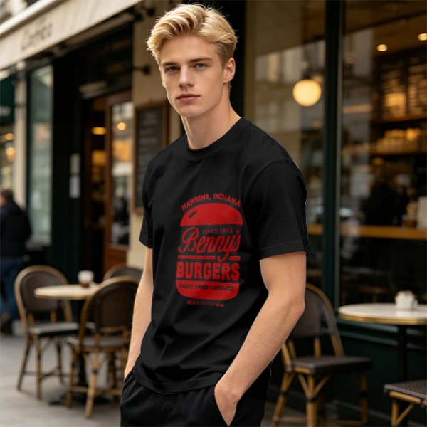 Olive green t-shirt with Benny's Burgers Hawkins Indiana graphic