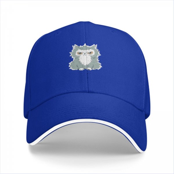 Black Baseball Cap With Grumpy Fluffy Grey Cat Graphic