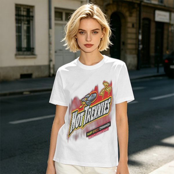 Olive green graphic t-shirt with Hot Trekkies Star Trek themed print