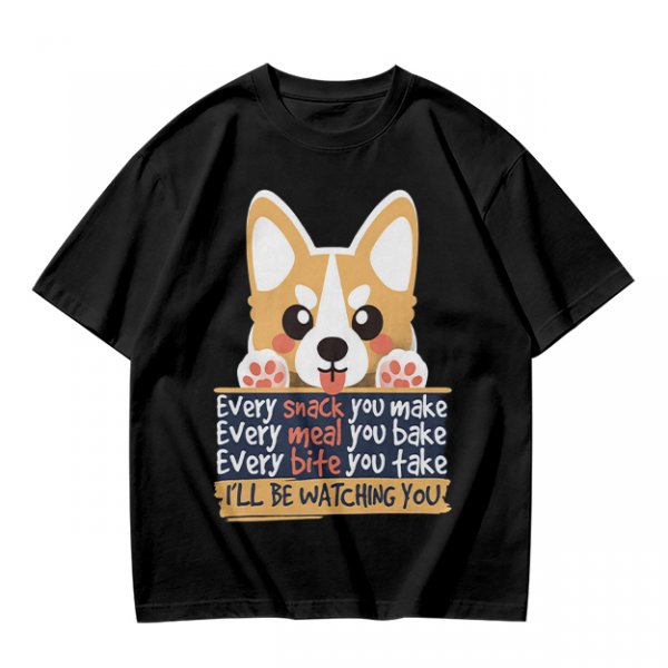 Olive t-shirt with corgi graphic and 'I'll Be Watching You' snack quote