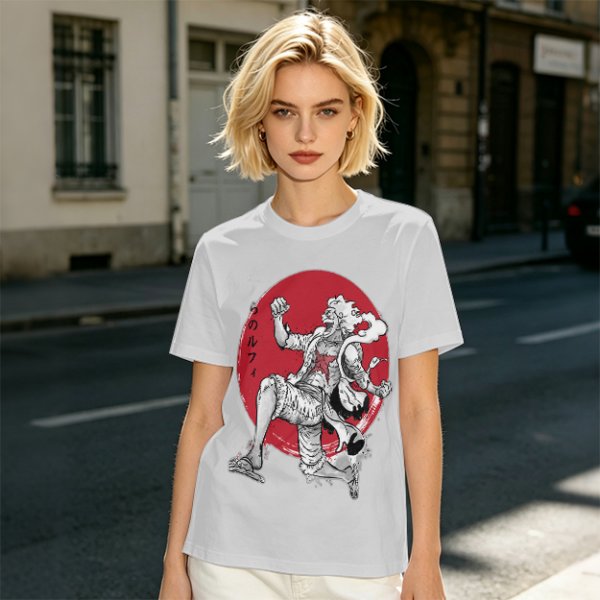 Olive T-shirt with Luffy Gear 5 Sun God Nika Anime Print