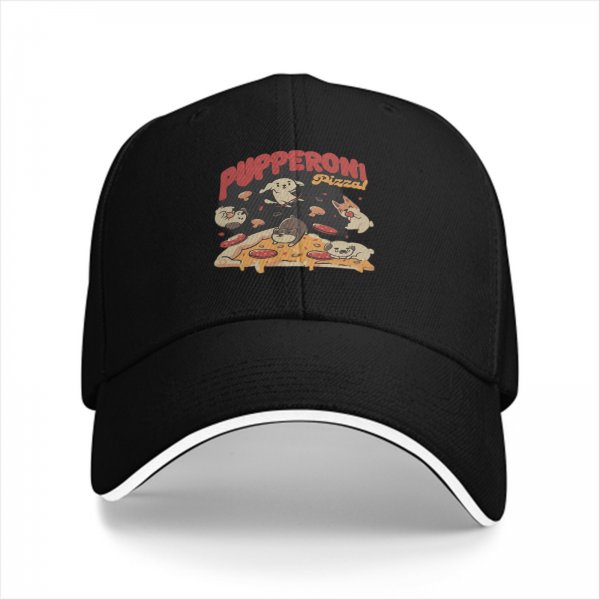 Black Baseball Cap With Pupperoni Pizza Cute Dog Graphic Print