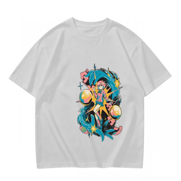 Olive anime graphic t-shirt with vibrant fantasy character art