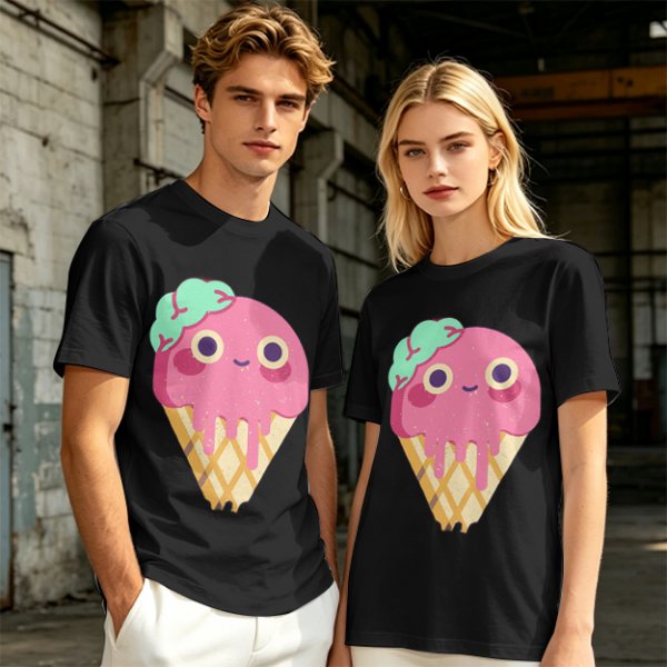 Olive T-Shirt With Cute Melting Pink Ice Cream Cone Graphic