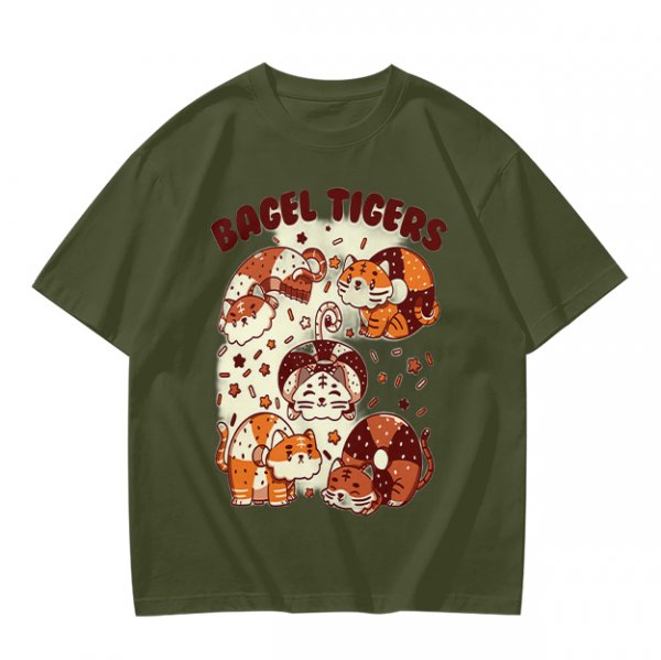 Olive Green T-Shirt With Cute Bagel Tigers Graphic Print