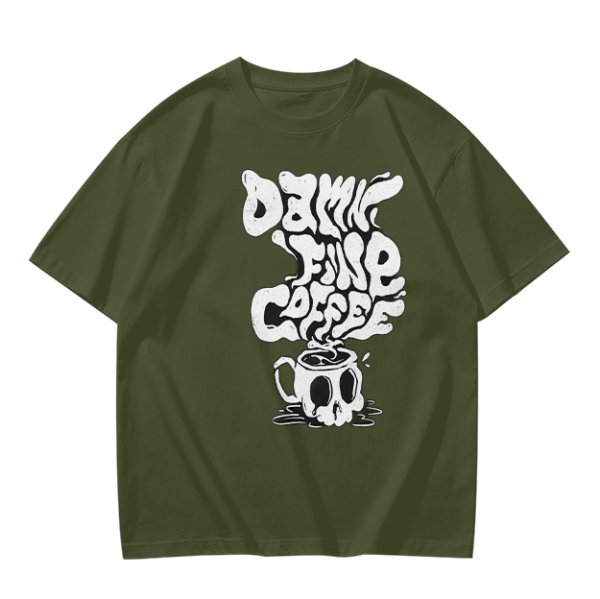 Olive Graphic T-Shirt With 'Damn Fine Coffee' Skull Mug Print