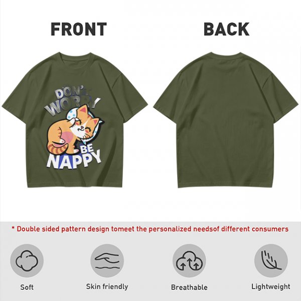 Olive T-Shirt with Don't Worry Be Nappy Sleeping Cat Graphic