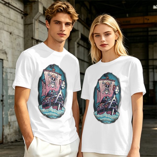 Olive T-shirt with One Piece Thousand Sunny Pirate Ship Print