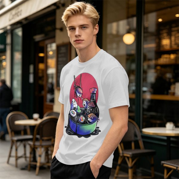 Olive T-Shirt With Anxious Sushi Characters In Soy Sauce Bowl Print