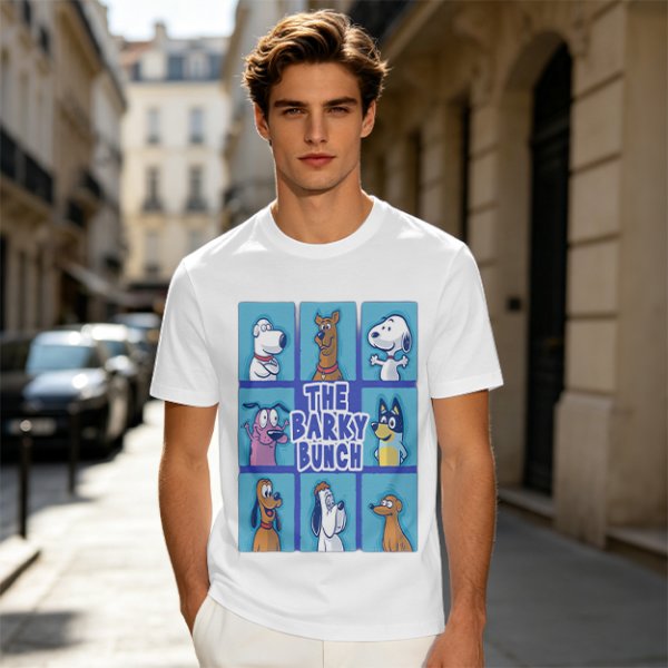Olive green t-shirt with The Barky Bunch cartoon dog graphic