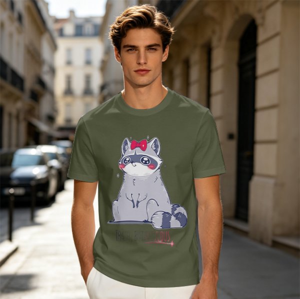 Olive T-shirt with Cute Raccoon Wearing Red Bow Graphic