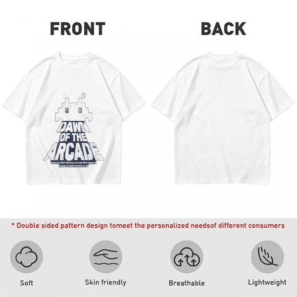 Olive T-Shirt with Retro Arcade Space Invader Graphic and Dawn of the Arcade Text