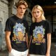 Olive green t-shirt with cute gray cat holding taiyaki graphic
