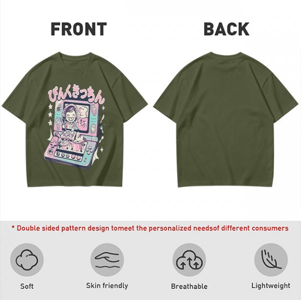 Olive green graphic t-shirt with cute handheld game kitchen art