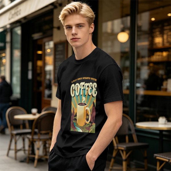Olive Graphic T-Shirt With Coffee And Mountain Sunrise Design