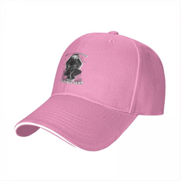 Black baseball cap with spooky pumpkin figure and 'Always Sexy' text