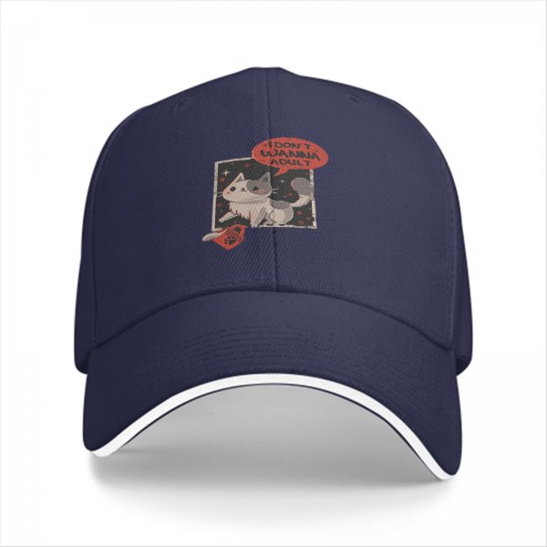 Black baseball cap with 'I don't wanna adult' cat graphic