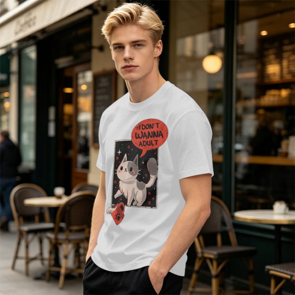 Olive cat graphic t-shirt with 'I don't wanna adult' print