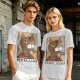 Olive green t-shirt with cubist style cat print and Purrcasso text