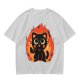 Olive T-Shirt With Cute Black Cat Thumbs Up On Flames Graphic
