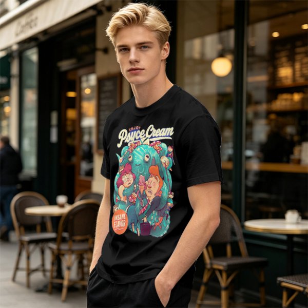 Psyce Cream Insane Flavor Graphic Tee with Whimsical Monster and Characters