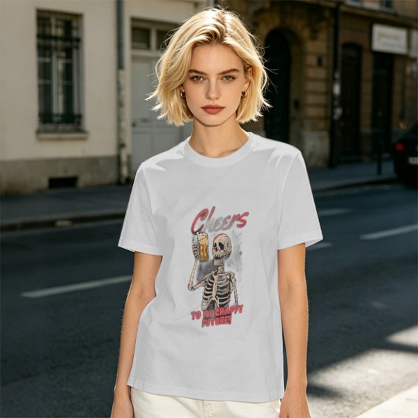 Olive skeleton graphic t-shirt with 'Cheers to my crappy future' print