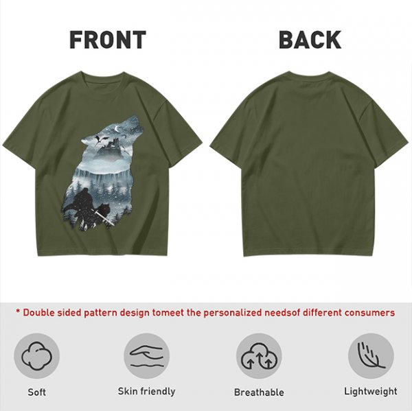 Olive T-Shirt With Howling Wolf Silhouette Winter Fantasy Art Print