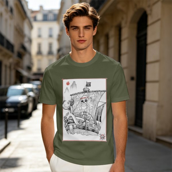 Olive T-shirt with Straw Hat Pirate Ship Art Print