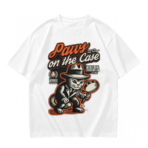Olive t-shirt with detective cat 'Paws on the Case' graphic